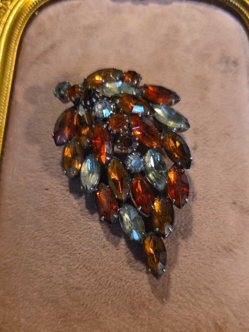 Vintage Mid Century 3" Tiered Rhinestone Autumn Leaf Brooch Pin